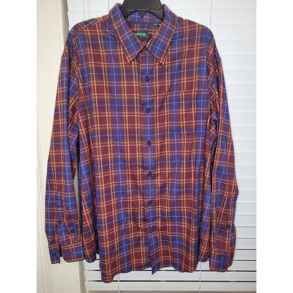 Orvis Mens Classic Fit Plaid Shirt 2XL Pol Wool Blend Rust blue classic business - Picture 2 of 7